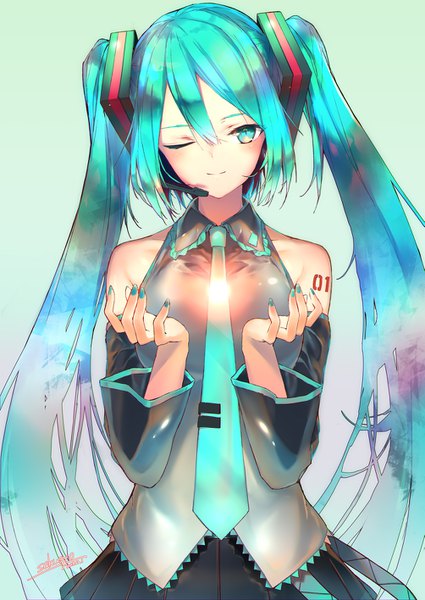 Anime picture 1003x1416 with vocaloid hatsune miku sakusyo single tall image looking at viewer blush fringe simple background hair between eyes standing twintails bare shoulders signed payot upper body very long hair nail polish head tilt pleated skirt