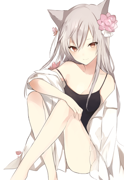 Anime picture 650x938 with original lpip single long hair tall image looking at viewer blush fringe breasts light erotic simple background smile hair between eyes white background sitting bare shoulders brown eyes animal ears payot cleavage