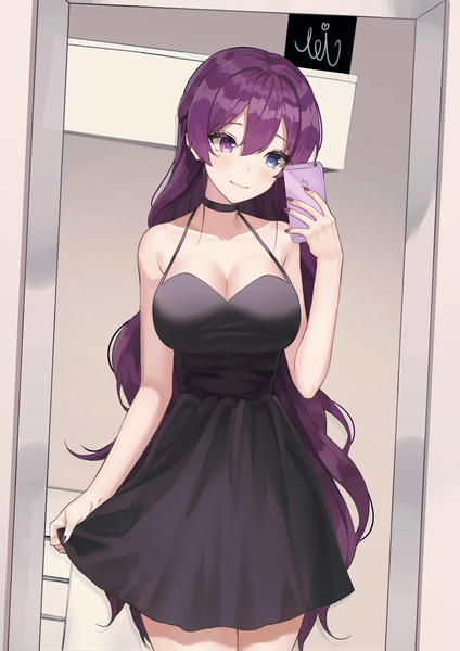Anime picture 3035x4299 with original luxiel single long hair tall image blush fringe highres breasts blue eyes smile hair between eyes large breasts standing purple eyes bare shoulders holding looking away absurdres cleavage