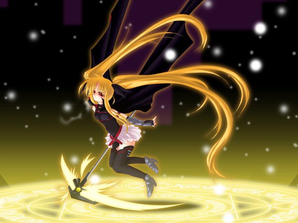 Anime picture 1600x1200 with mahou shoujo lyrical nanoha fate testarossa bardiche frapowa single looking at viewer red eyes twintails full body very long hair girl thighhighs skirt gloves weapon black thighhighs miniskirt fingerless gloves white skirt scythe