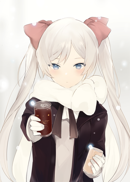 Anime picture 650x909 with original lpip single long hair tall image looking at viewer blush fringe blue eyes simple background twintails payot silver hair upper body long sleeves open clothes outstretched arm snowing winter girl