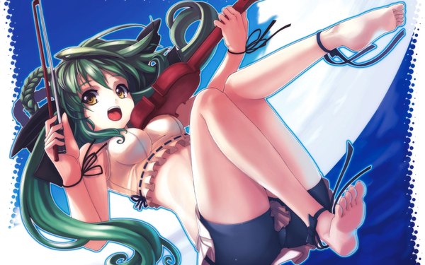 Anime picture 1920x1200 with original christinya long hair highres breasts open mouth light erotic smile wide image yellow eyes braid (braids) barefoot green hair midriff legs soles skirt bow hair bow jewelry