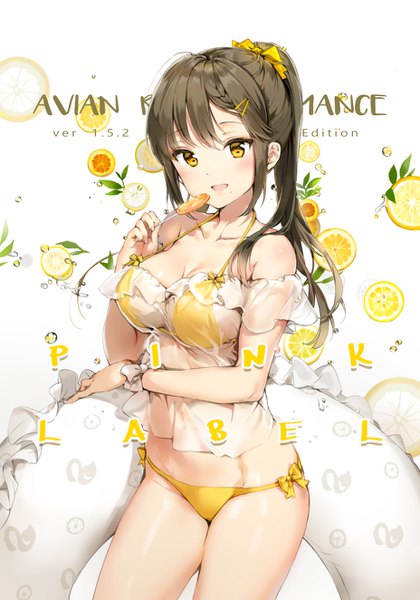 Anime picture 928x1324 with original anmi single long hair tall image looking at viewer blush fringe breasts open mouth light erotic smile brown hair large breasts standing white background bare shoulders holding yellow eyes payot