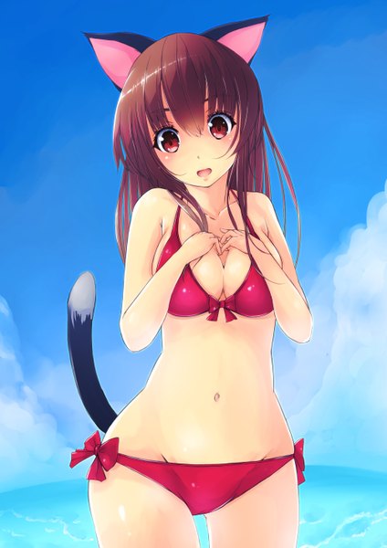 Anime picture 1000x1414 with original maru-pen single long hair tall image open mouth light erotic red eyes brown hair animal ears sky cloud (clouds) tail animal tail cat ears cat girl cat tail girl navel swimsuit