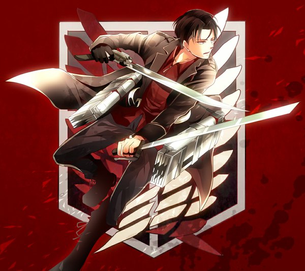 Anime picture 1000x889 with shingeki no kyojin production i.g levi (rivaille) single short hair black hair holding looking away black eyes open collar dual wielding boy gloves weapon sword boots coat