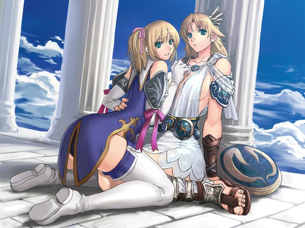 Anime picture 1024x768 with soulcalibur cassandra alexandra sophitia alexandra ranou breasts light erotic blonde hair green eyes siblings sisters thighhighs