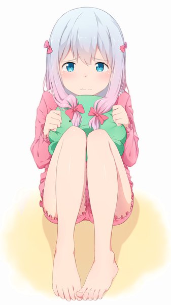 Anime picture 1080x1920 with eromanga sensei a-1 pictures izumi sagiri xiao ren single long hair tall image looking at viewer blue eyes sitting pink hair silver hair full body bent knee (knees) barefoot bare legs gradient hair wavy mouth girl bow