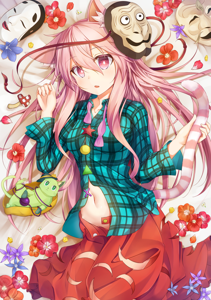 Anime picture 1405x2000 with touhou komeiji koishi hata no kokoro moai21 single long hair tall image looking at viewer blush fringe open mouth hair between eyes animal ears pink hair tail lying animal tail pink eyes cat ears bare belly