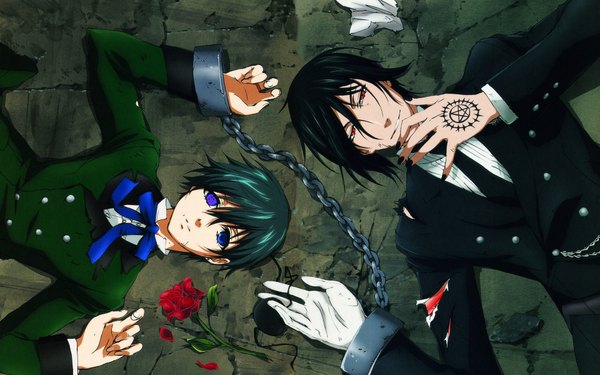 Anime picture 1920x1200 with kuroshitsuji a-1 pictures sebastian michaelis ciel phantomhive highres blue eyes red eyes wide image tattoo victorian boy blood shackles