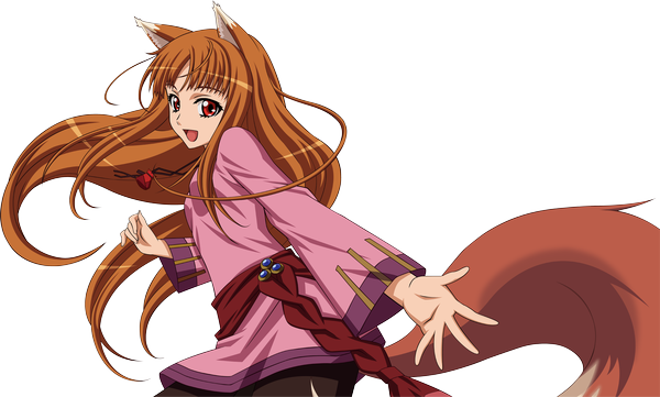Anime picture 6794x4097 with spice and wolf horo ergh3 single long hair highres open mouth smile red eyes brown hair wide image absurdres looking back transparent background vector wolf ears wolf tail wolf girl girl
