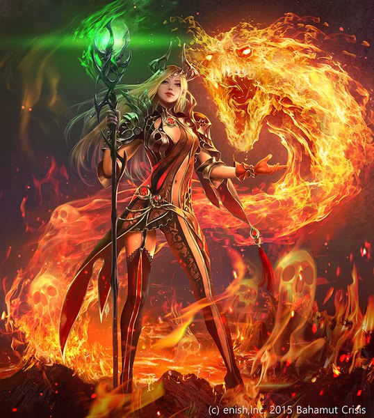 Anime picture 850x947 with bahamut crisis jema (bahamut crisis) eudia (serenity2200) single long hair tall image looking at viewer blonde hair standing holding full body horn (horns) realistic glowing watermark glowing eye (eyes) asymmetrical legwear 2015 girl thighhighs