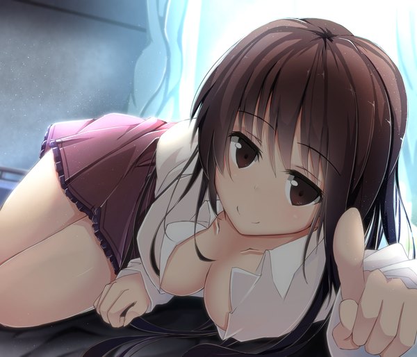 Anime picture 1447x1240 with original shirotaso0818 long hair looking at viewer breasts light erotic smile brown hair brown eyes open clothes open shirt girl skirt shirt