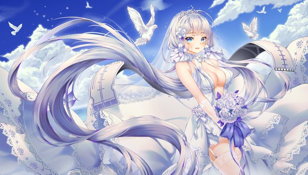 Anime picture 4000x2286 with azur lane illustrious (azur lane) illustrious (morning star of love and hope) (azur lane) mellozzo single looking at viewer blush fringe highres breasts open mouth blue eyes light erotic wide image standing twintails absurdres sky cleavage silver hair