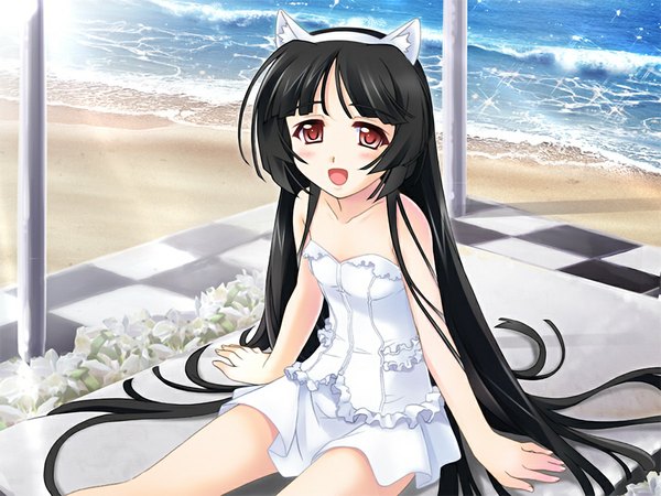 Anime picture 1024x768 with white - blanche comme la lune (game) long hair open mouth black hair red eyes animal ears game cg cat ears loli girl sundress