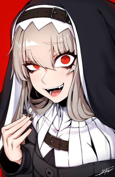 Anime picture 783x1200 with arknights specter (arknights) j.k. single long hair tall image looking at viewer fringe open mouth simple background hair between eyes red eyes signed silver hair upper body nail polish :d red background black nail polish girl