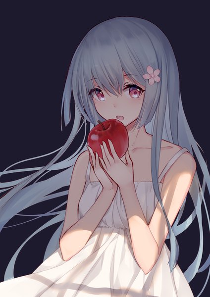 Anime picture 1000x1415 with original bison cangshu single long hair tall image looking at viewer blush fringe open mouth simple background hair between eyes red eyes standing holding payot hair flower grey hair sleeveless floating hair dark background