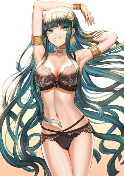 Anime picture 1302x1842 with fate (series) fate/grand order cleopatra (fate/grand order) mashuu (neko no oyashiro) single tall image looking at viewer fringe breasts light erotic simple background standing green eyes payot cleavage blunt bangs very long hair green hair arms up armpit (armpits)