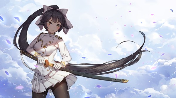 Anime picture 2000x1125 with azur lane takao (azur lane) dsknight single looking at viewer blush fringe highres breasts light erotic black hair wide image standing holding yellow eyes sky cloud (clouds) ponytail very long hair pleated skirt