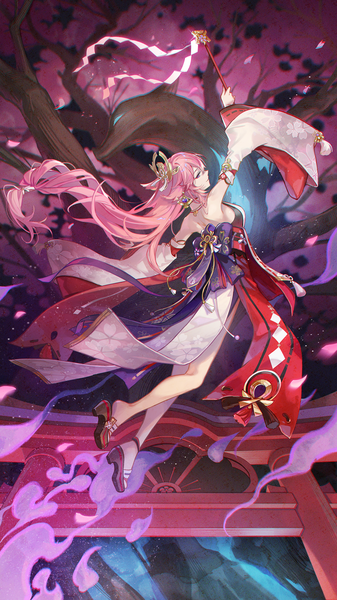 Anime picture 1080x1920 with genshin impact yae miko kyusoukyu single long hair tall image looking at viewer purple eyes pink hair full body traditional clothes japanese clothes profile arm up from behind cherry blossoms low ponytail nontraditional miko midair girl