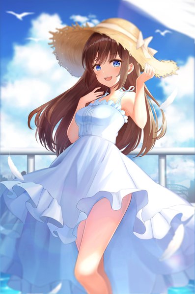 Anime picture 2715x4096 with original 0v0 (l seohui) single long hair tall image looking at viewer blush fringe highres breasts open mouth blue eyes smile hair between eyes brown hair standing bare shoulders payot sky cloud (clouds)