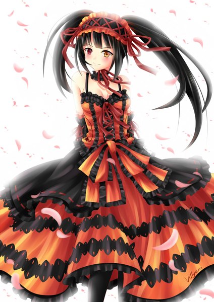 Anime picture 826x1169 with date a live tokisaki kurumi villyane single tall image blush simple background smile white background twintails yellow eyes pink eyes heterochromia goth-loli uneven twintails girl dress petals hairband
