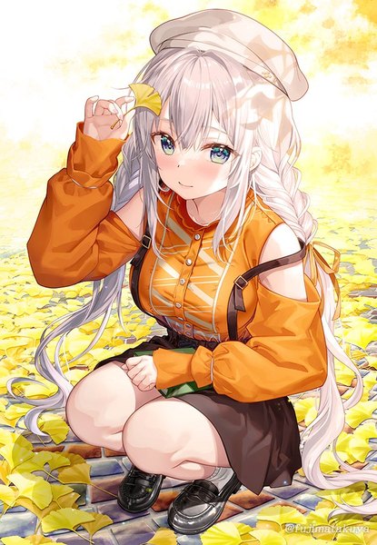 Anime picture 664x961 with original fujima takuya single long hair tall image blush fringe smile hair between eyes bare shoulders holding signed silver hair outdoors braid (braids) from above twitter username twin braids squat autumn