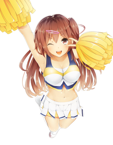 Anime picture 779x1001 with chuunibyou demo koi ga shitai! kyoto animation nibutani shinka nosaki viola single tall image looking at viewer blush breasts simple background white background brown eyes cleavage one eye closed wink one side up victory cheerleader girl skirt