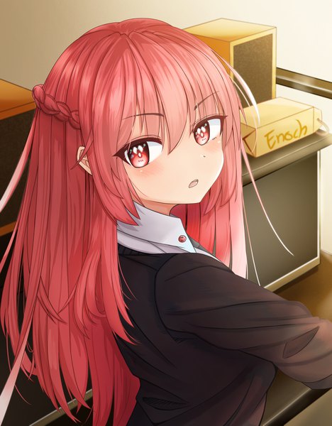 Anime picture 2676x3430 with original reichidad single long hair tall image looking at viewer blush fringe highres open mouth hair between eyes payot pink hair upper body indoors braid (braids) pink eyes looking back :o character names