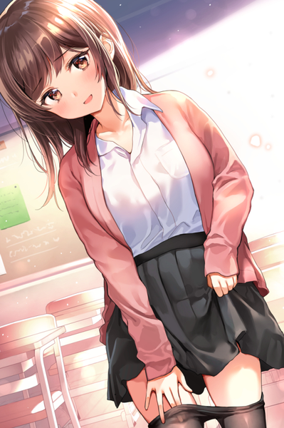 Anime picture 595x894 with original nishizawa single long hair tall image looking at viewer blush fringe light erotic brown hair standing brown eyes indoors head tilt pleated skirt sunlight dutch angle pantyhose pull skirt hold girl