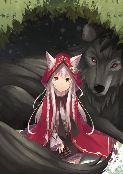 Anime picture 2480x3508 with saihate no pandora pandora (saihate no pandora) sagiri (ulpha220) single long hair tall image looking at viewer highres smile sitting animal ears yellow eyes braid (braids) long sleeves grey hair wolf ears seiza girl flower (flowers) animal
