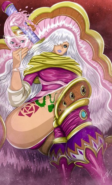 Anime picture 1024x1687 with one piece toei animation charlotte smoothie jaxonthelegend single tall image looking at viewer fringe blue eyes light erotic sitting holding signed silver hair very long hair parted lips lips hair over one eye sparkle tattoo