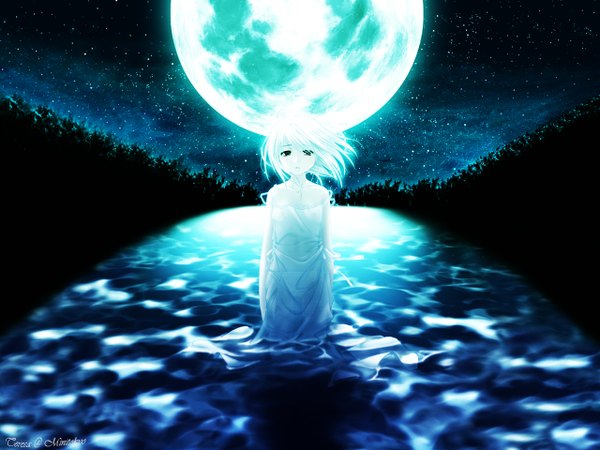 Anime picture 1280x960 with white clarity red eyes sky white hair night night sky river sad girl dress water white dress moon star (stars)