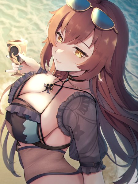 Anime picture 900x1200 with honkai impact 3rd honkai (series) eden (honkai impact) ura (hamburg oniku) single long hair tall image fringe breasts light erotic hair between eyes brown hair large breasts yellow eyes upper body from above sparkle official alternate costume sunglasses on head girl