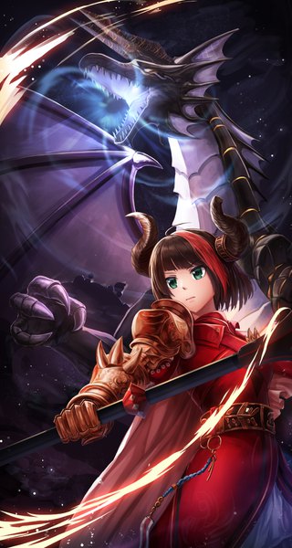 Anime picture 1000x1870 with dungeon and fighter knight (dungeon and fighter) dragon knight (dungeon and fighter) lunacle tall image fringe short hair brown hair standing holding green eyes looking away sky ahoge outdoors red hair multicolored hair horn (horns) night two-tone hair