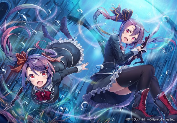 Anime picture 1286x900 with shinkai no valkyrie minister kyula minister kyulu akkijin long hair looking at viewer blush fringe breasts open mouth smile hair between eyes red eyes large breasts twintails multiple girls holding purple hair full body bent knee (knees)
