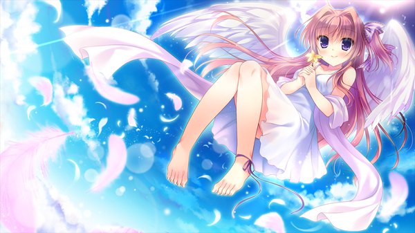 Anime picture 1024x576 with kimi e okuru, sora no hana azuse matsuri yukie (peach candy) single long hair blush brown hair wide image purple eyes game cg cloud (clouds) barefoot legs one side up girl flower (flowers) bow hair bow wings feather (feathers)