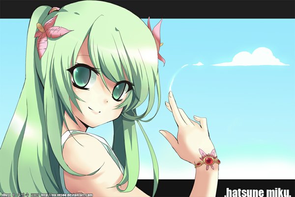 Anime picture 1046x698 with vocaloid hatsune miku na-insoo single long hair smile twintails looking back hair flower aqua eyes aqua hair girl hair ornament bracelet jewelry