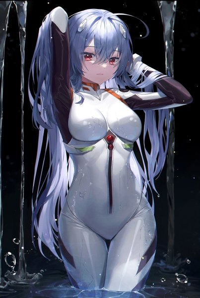 Anime picture 1080x1609 with neon genesis evangelion rebuild of evangelion evangelion: 3.0+1.0 thrice upon a time gainax ayanami rei minttchocok single long hair tall image looking at viewer fringe breasts light erotic hair between eyes red eyes large breasts standing blue hair ahoge arms up