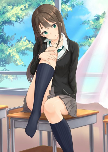 Anime picture 800x1129 with idolmaster idolmaster cinderella girls shibuya rin tamakaga single long hair tall image looking at viewer black hair green eyes girl skirt uniform school uniform socks black socks desk