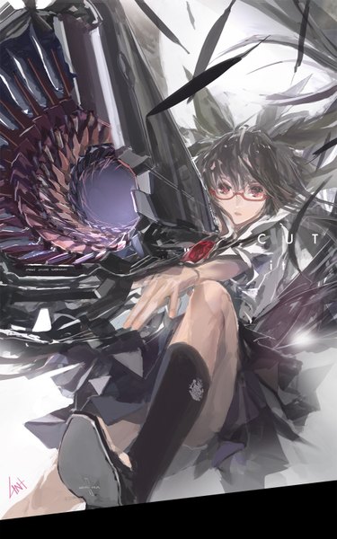 Anime picture 1000x1600 with touhou reiuji utsuho lin+ single long hair tall image black hair red eyes black wings arm cannon girl skirt bow weapon hair bow wings glasses feather (feathers)