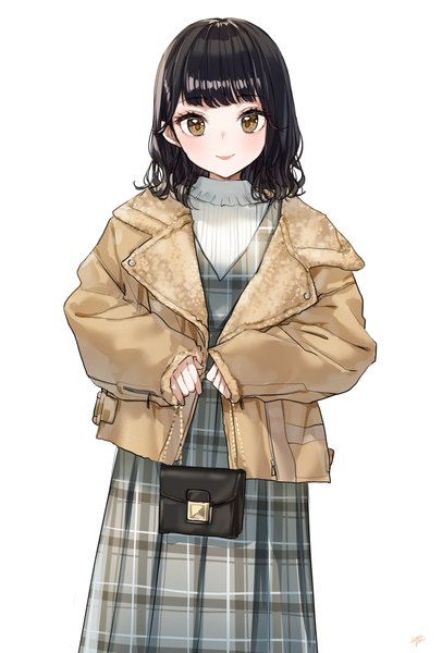Anime picture 3290x4862 with original takenoko no you single tall image looking at viewer fringe highres short hair black hair simple background smile standing white background holding brown eyes absurdres open jacket plaid girl dress