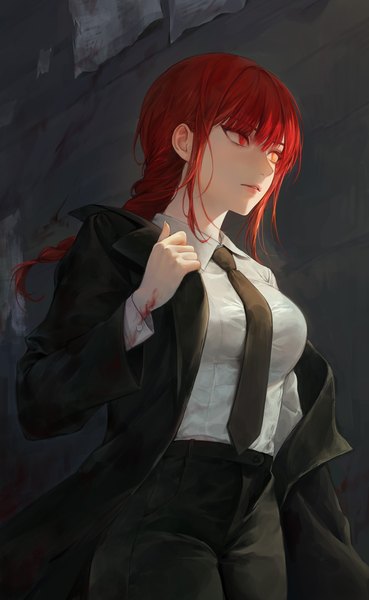 Anime picture 2194x3570 with chainsaw man mappa makima (chainsaw man) tanna single long hair tall image fringe highres payot looking away red hair braid (braids) heterochromia single braid girl necktie suit