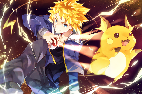 Anime picture 1200x800 with pokemon nintendo raichu denji sweetroad single short hair blue eyes blonde hair smile looking away fighting stance electricity gen 1 pokemon boy animal pokemon (creature) pokeball