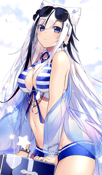 Anime picture 1032x1773 with original kurebayashi noe single long hair tall image looking at viewer blush fringe breasts light erotic hair between eyes large breasts standing purple eyes bare shoulders animal ears payot cleavage white hair multicolored hair