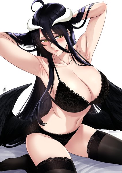 Anime picture 1061x1500 with overlord (maruyama) madhouse albedo (overlord) xtermination single long hair tall image blush fringe breasts light erotic black hair large breasts sitting signed yellow eyes looking away ahoge horn (horns) arms up
