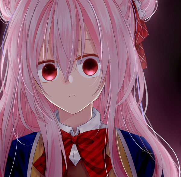 Anime picture 1880x1840 with happy sugar life matsuzaka satou itsmaowu single long hair looking at viewer fringe highres simple background hair between eyes red eyes pink hair upper body hair bun (hair buns) portrait dark background purple background empty eyes girl uniform