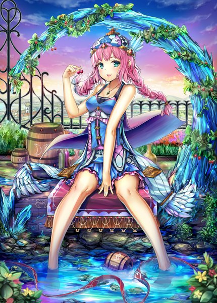 Anime picture 752x1050 with original hourainingyou single long hair tall image looking at viewer sitting pink hair sky cloud (clouds) braid (braids) girl dress plant (plants) hat food berry (berries)