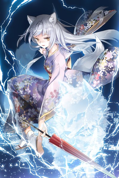 Anime picture 1280x1920 with sword girls henlifei salt (salty) single long hair tall image animal ears yellow eyes white hair traditional clothes japanese clothes animal tail lightning closed umbrella girl kimono umbrella obi