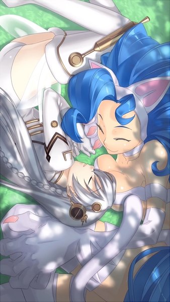Anime-Bild 577x1024 mit ar tonelico vampire / darkstalkers (game) capcom gust (company) felicia shurelia (ar tonelico) hirano katsuyuki long hair tall image breasts light erotic smile large breasts multiple girls animal ears blue hair cleavage outdoors ass tail