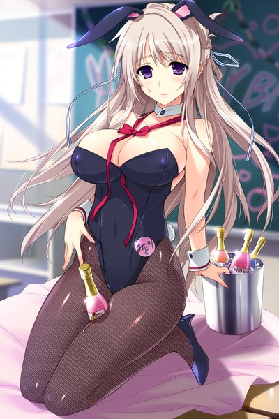 Anime picture 1419x2125 with hatsukoi 1/1 makabe midori iizuki tasuku single long hair tall image blush breasts light erotic blonde hair large breasts purple eyes bunny ears girl bunnysuit bottle